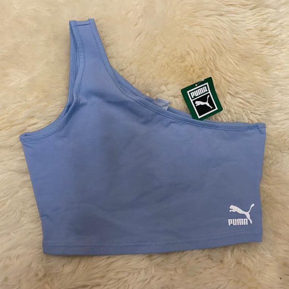 NWT PUMA WOMEN Classics Asymmetric Bandeau Crop Top in forever Blue Athleisure - Picture 9 of 14